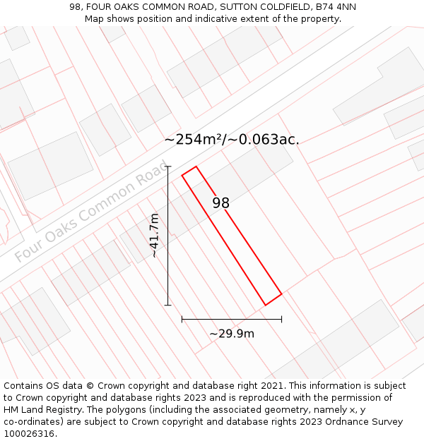 98, FOUR OAKS COMMON ROAD, SUTTON COLDFIELD, B74 4NN: Plot and title map