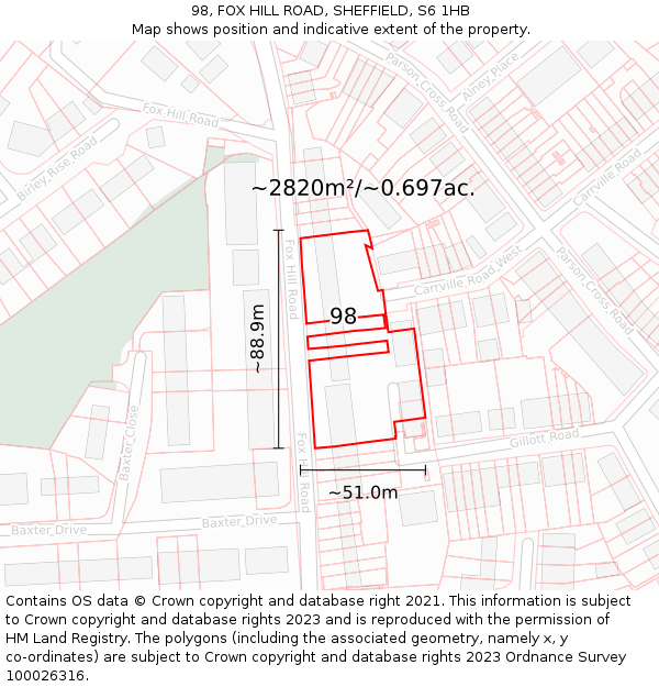 98, FOX HILL ROAD, SHEFFIELD, S6 1HB: Plot and title map