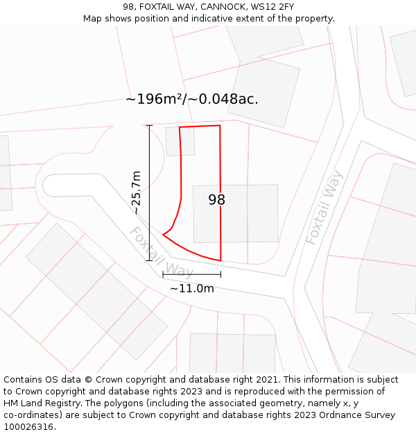 98, FOXTAIL WAY, CANNOCK, WS12 2FY: Plot and title map