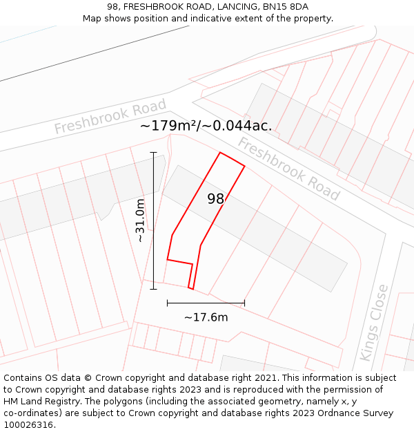 98, FRESHBROOK ROAD, LANCING, BN15 8DA: Plot and title map