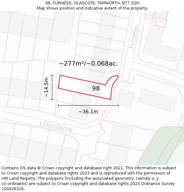 98, FURNESS, GLASCOTE, TAMWORTH, B77 2QH: Plot and title map