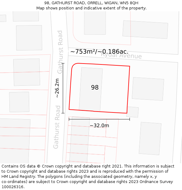 98, GATHURST ROAD, ORRELL, WIGAN, WN5 8QH: Plot and title map