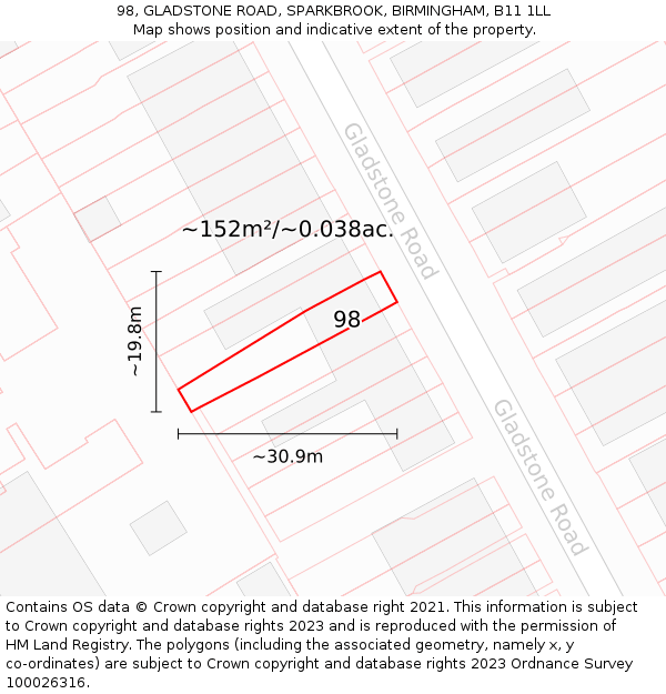 98, GLADSTONE ROAD, SPARKBROOK, BIRMINGHAM, B11 1LL: Plot and title map