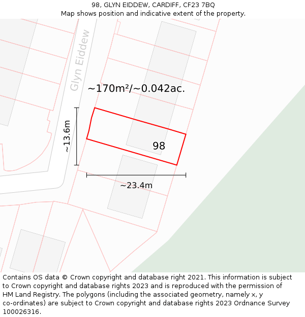 98, GLYN EIDDEW, CARDIFF, CF23 7BQ: Plot and title map