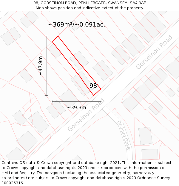 98, GORSEINON ROAD, PENLLERGAER, SWANSEA, SA4 9AB: Plot and title map