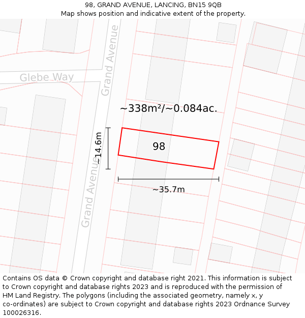 98, GRAND AVENUE, LANCING, BN15 9QB: Plot and title map