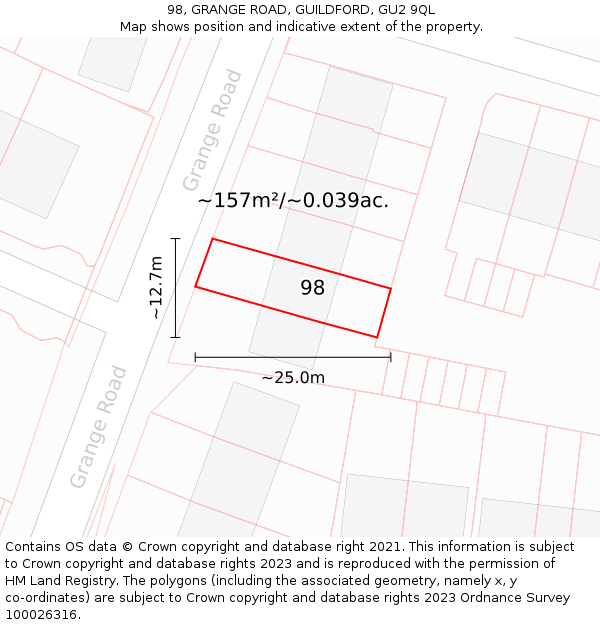 98, GRANGE ROAD, GUILDFORD, GU2 9QL: Plot and title map