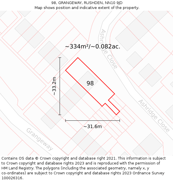 98, GRANGEWAY, RUSHDEN, NN10 9JD: Plot and title map