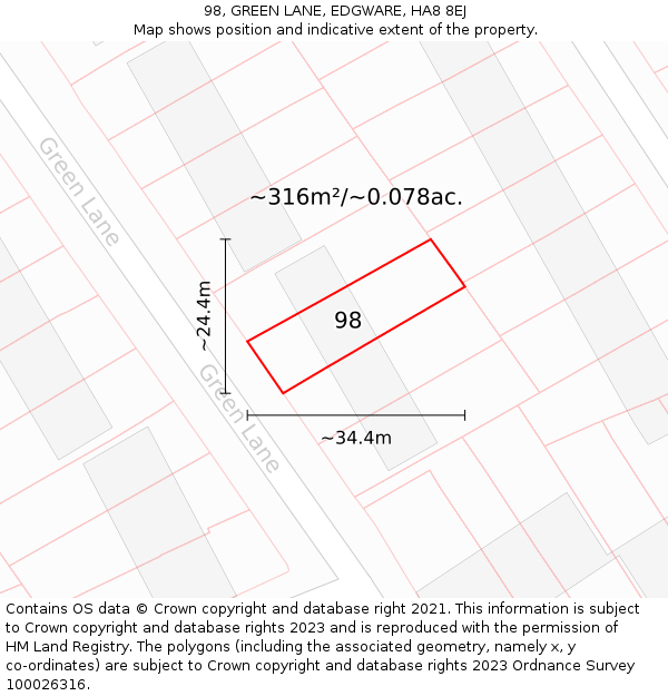 98, GREEN LANE, EDGWARE, HA8 8EJ: Plot and title map