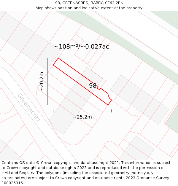 98, GREENACRES, BARRY, CF63 2PN: Plot and title map