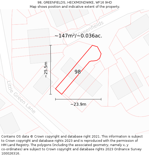 98, GREENFIELDS, HECKMONDWIKE, WF16 9HD: Plot and title map