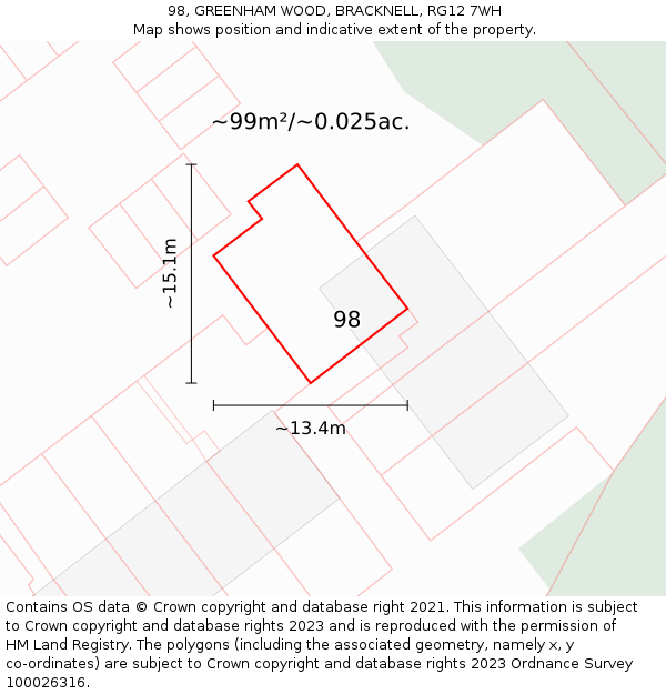 98, GREENHAM WOOD, BRACKNELL, RG12 7WH: Plot and title map