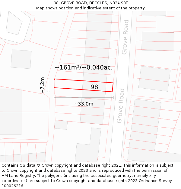 98, GROVE ROAD, BECCLES, NR34 9RE: Plot and title map