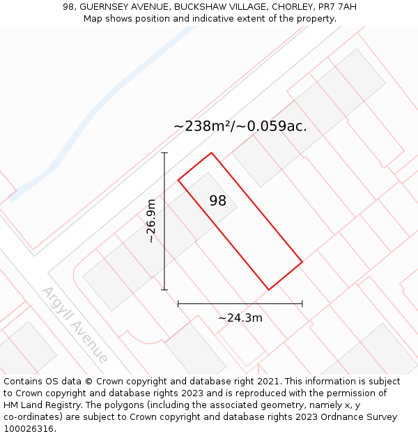 98, GUERNSEY AVENUE, BUCKSHAW VILLAGE, CHORLEY, PR7 7AH: Plot and title map