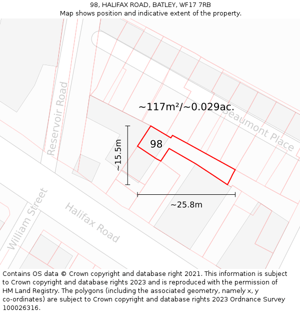 98, HALIFAX ROAD, BATLEY, WF17 7RB: Plot and title map