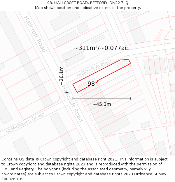98, HALLCROFT ROAD, RETFORD, DN22 7LQ: Plot and title map