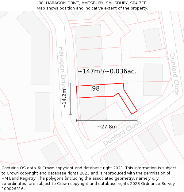 98, HARAGON DRIVE, AMESBURY, SALISBURY, SP4 7FT: Plot and title map