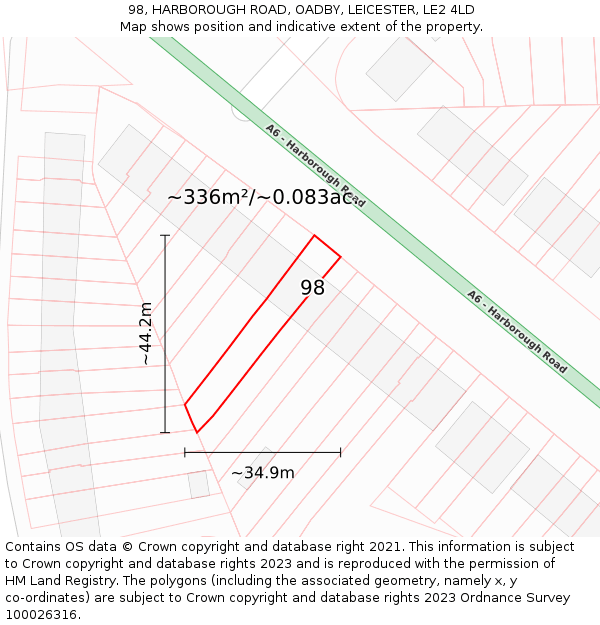 98, HARBOROUGH ROAD, OADBY, LEICESTER, LE2 4LD: Plot and title map