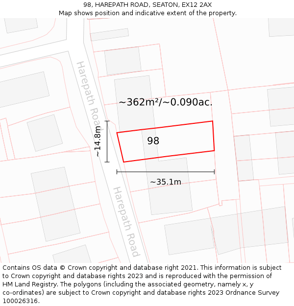 98, HAREPATH ROAD, SEATON, EX12 2AX: Plot and title map