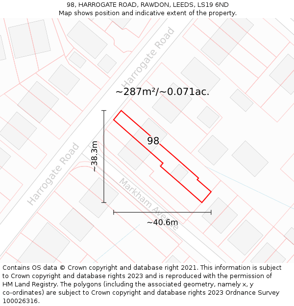 98, HARROGATE ROAD, RAWDON, LEEDS, LS19 6ND: Plot and title map