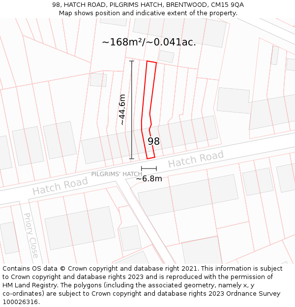 98, HATCH ROAD, PILGRIMS HATCH, BRENTWOOD, CM15 9QA: Plot and title map