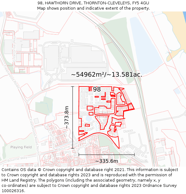98, HAWTHORN DRIVE, THORNTON-CLEVELEYS, FY5 4GU: Plot and title map