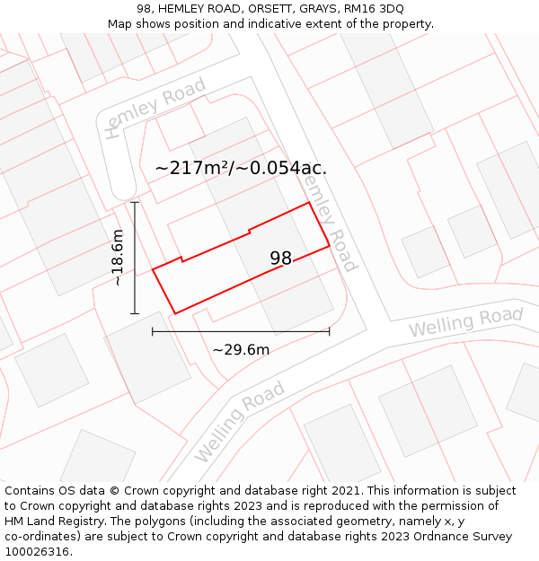 98, HEMLEY ROAD, ORSETT, GRAYS, RM16 3DQ: Plot and title map