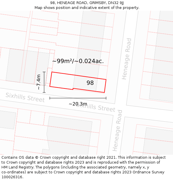 98, HENEAGE ROAD, GRIMSBY, DN32 9JJ: Plot and title map