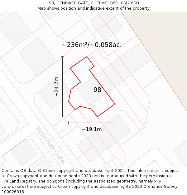 98, HENNIKER GATE, CHELMSFORD, CM2 6SB: Plot and title map