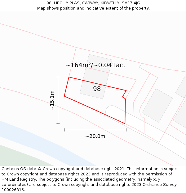 98, HEOL Y PLAS, CARWAY, KIDWELLY, SA17 4JG: Plot and title map