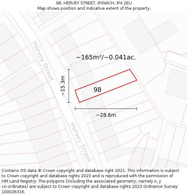 98, HERVEY STREET, IPSWICH, IP4 2EU: Plot and title map