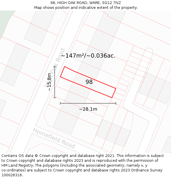 98, HIGH OAK ROAD, WARE, SG12 7NZ: Plot and title map