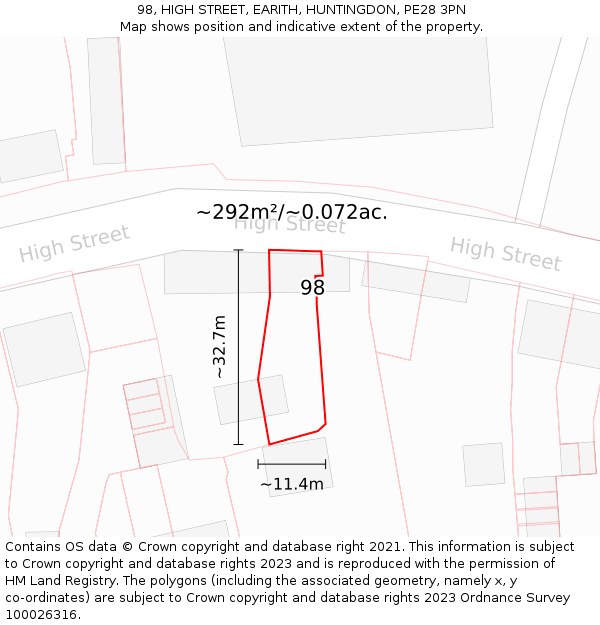 98, HIGH STREET, EARITH, HUNTINGDON, PE28 3PN: Plot and title map