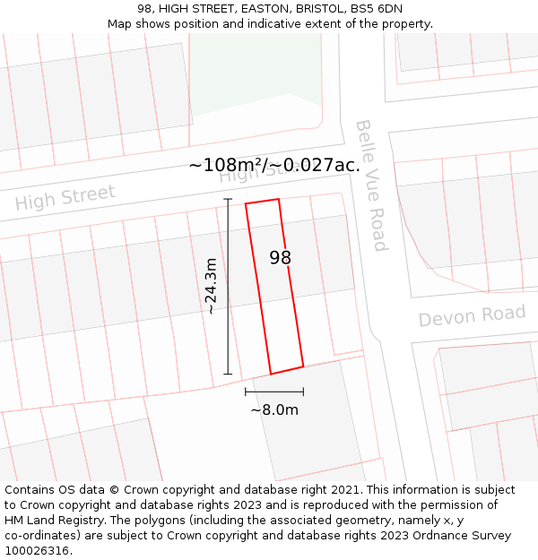 98, HIGH STREET, EASTON, BRISTOL, BS5 6DN: Plot and title map