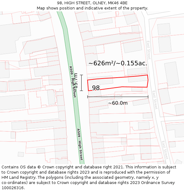 98, HIGH STREET, OLNEY, MK46 4BE: Plot and title map