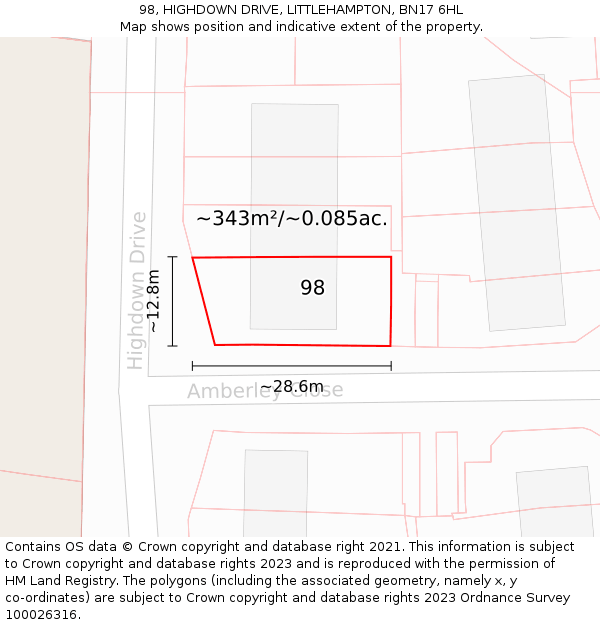 98, HIGHDOWN DRIVE, LITTLEHAMPTON, BN17 6HL: Plot and title map