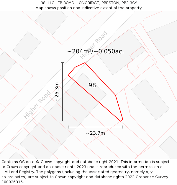 98, HIGHER ROAD, LONGRIDGE, PRESTON, PR3 3SY: Plot and title map