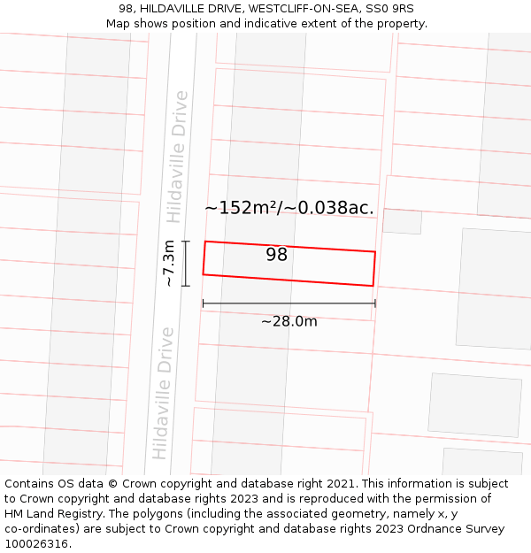 98, HILDAVILLE DRIVE, WESTCLIFF-ON-SEA, SS0 9RS: Plot and title map
