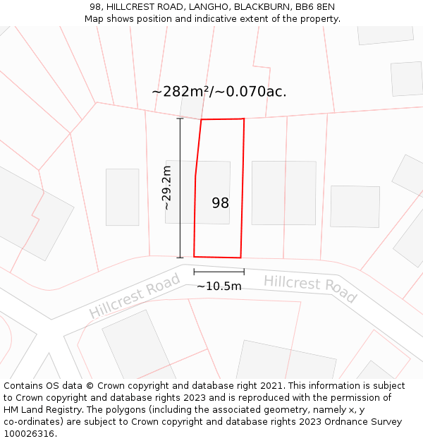 98, HILLCREST ROAD, LANGHO, BLACKBURN, BB6 8EN: Plot and title map
