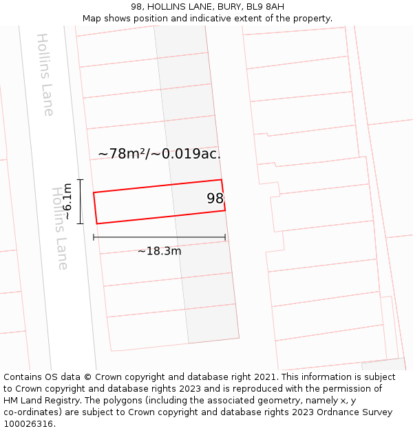 98, HOLLINS LANE, BURY, BL9 8AH: Plot and title map
