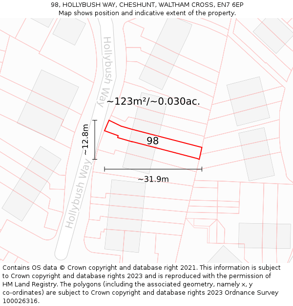 98, HOLLYBUSH WAY, CHESHUNT, WALTHAM CROSS, EN7 6EP: Plot and title map