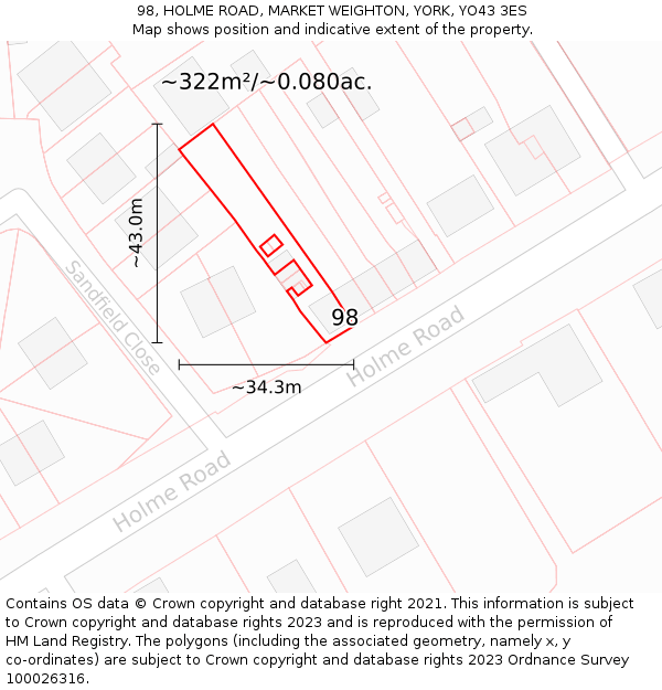 98, HOLME ROAD, MARKET WEIGHTON, YORK, YO43 3ES: Plot and title map