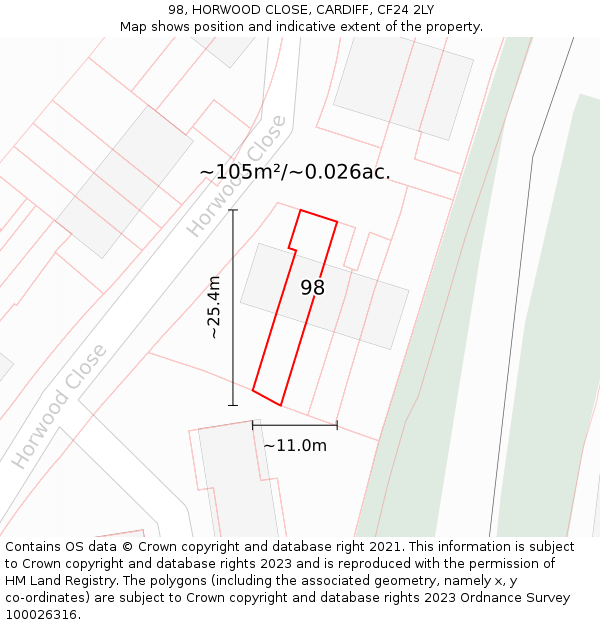 98, HORWOOD CLOSE, CARDIFF, CF24 2LY: Plot and title map
