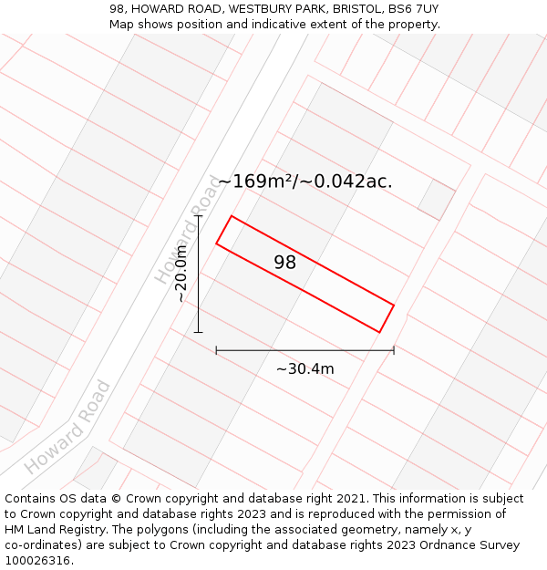 98, HOWARD ROAD, WESTBURY PARK, BRISTOL, BS6 7UY: Plot and title map