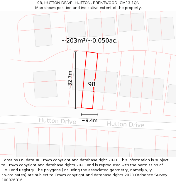 98, HUTTON DRIVE, HUTTON, BRENTWOOD, CM13 1QN: Plot and title map