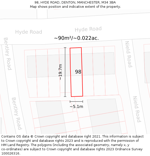 98, HYDE ROAD, DENTON, MANCHESTER, M34 3BA: Plot and title map