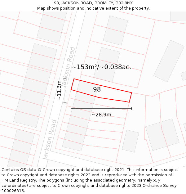 98, JACKSON ROAD, BROMLEY, BR2 8NX: Plot and title map