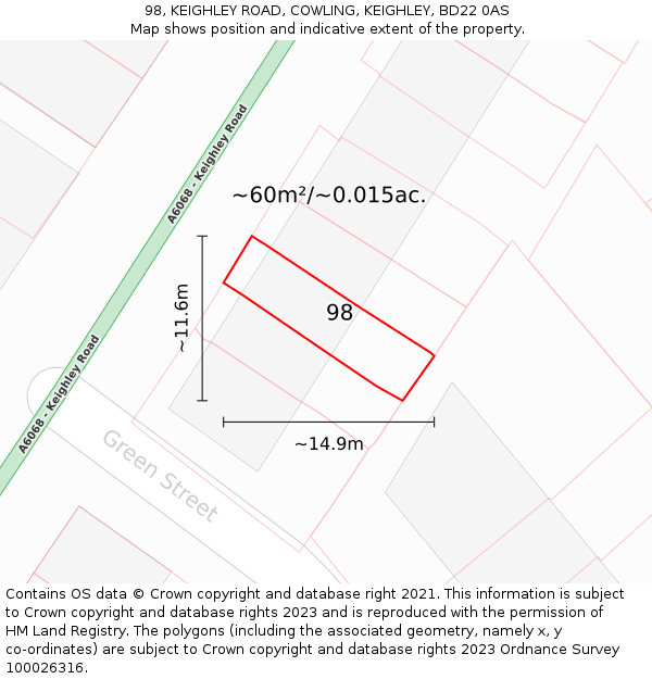 98, KEIGHLEY ROAD, COWLING, KEIGHLEY, BD22 0AS: Plot and title map