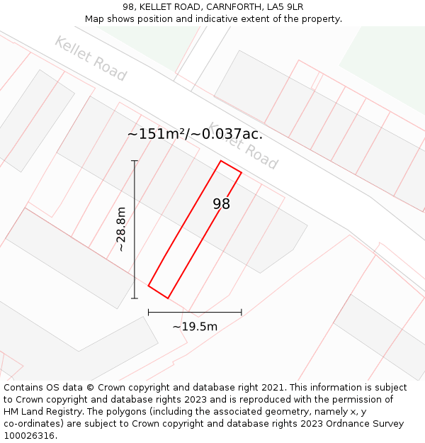 98, KELLET ROAD, CARNFORTH, LA5 9LR: Plot and title map