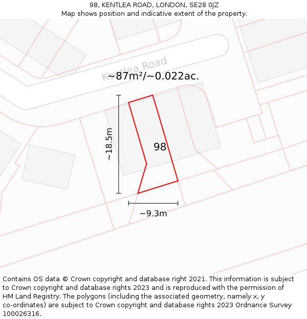 98, KENTLEA ROAD, LONDON, SE28 0JZ: Plot and title map